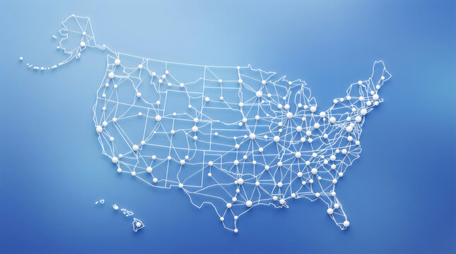 A white line map of the united states with connected dots on a blue gradient background representing a network or transportation system across america