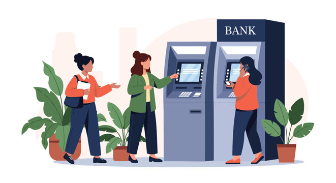 People standing in line to use automated teller machines outside a bank for financial transactions like withdrawals and deposits.