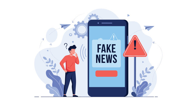 Concerned man looking at a large smartphone displaying a fake news warning with a large red exclamation mark alert icon.