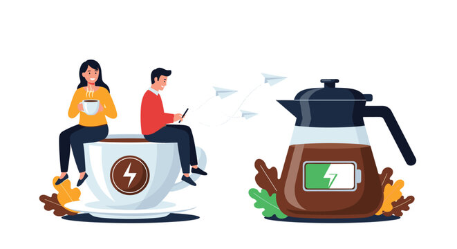 Energy boost concept with people sitting on a giant coffee cup and a French press pot showing a full battery charging symbol.