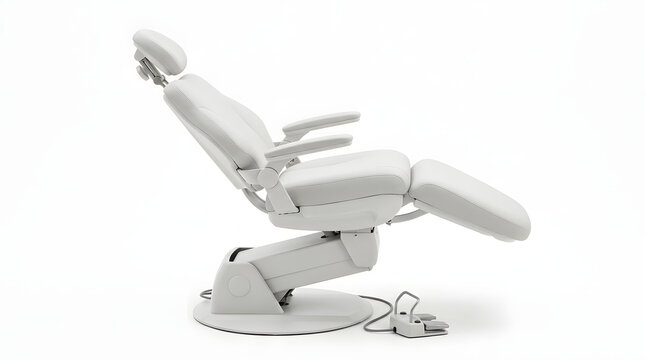 Modern white ergonomic dental patient chair with adjustable headrest and foot control for professional clinic use.