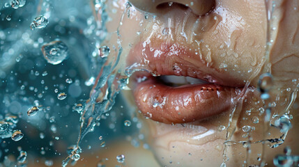 Fototapeta premium A woman being refreshed by a splash of water, promoting skincare and freshness