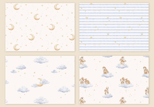 Watercolor seamless pattern set, editable psdt templates with bunnies, clouds, moon and stars for baby textile, nursery decor, clothing prints, wallpaper and surface design