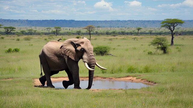 African Elephant Crossing a Waterhole in Savanna Landscape &ndash; Wildlife Photography of Gentle Giant in Natural Habitat