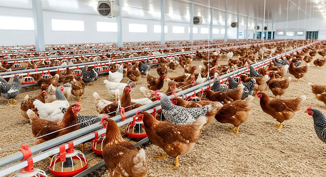 A large group of chickens are standing inside a spacious farm building eating from feeders.