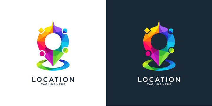 Abstract colorful location pin logo with human figures.