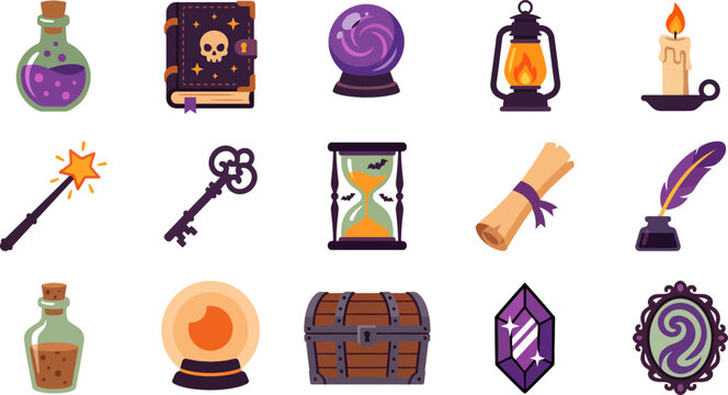 Halloween magic icons set including potion crystal ball spellbook wand and more for spooky designs