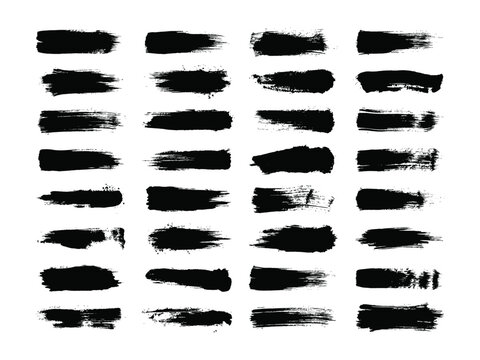 Black grunge rectangle brush stroke set. Ink paint box shapes for censorship bar, redacted text, banner and label design. Distressed vector texture pack on white background.