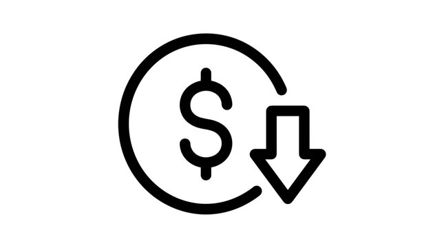 A simple line art icon depicting a dollar sign within a circle and a downward-pointing arrow, symbolizing decrease or reduction.