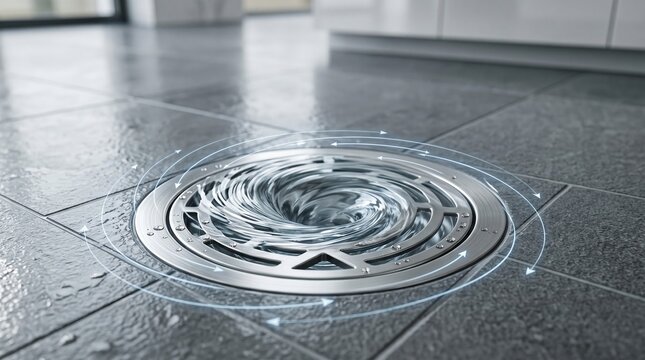 Stainless steel floor drain with fast water whirlpool and glowing direction lines in bathroom. copy space