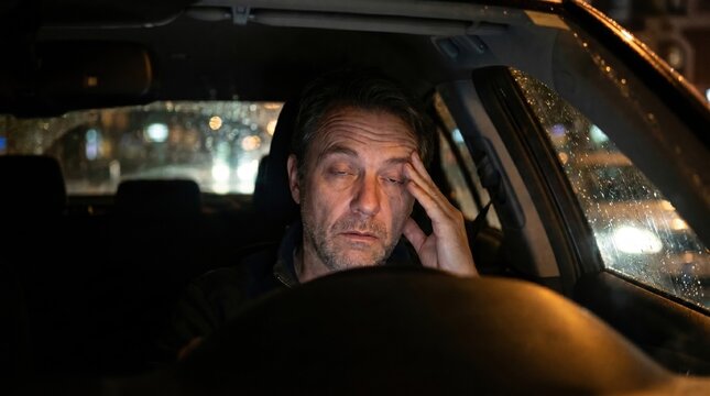Tired and drowsy mature man driving car at night in heavy rain for road safety concept.