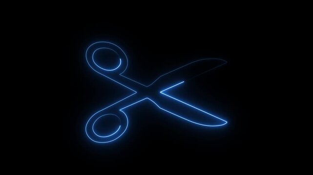 Neon blue scissors icon glowing in darkness for digital interface.4k video.