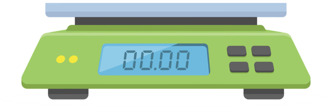 Digital Kitchen Scale Vector Icon Featuring Electronic LCD Display and Buttons on Green Base for Cooking, Baking, and Food Portion Measurement Designs
