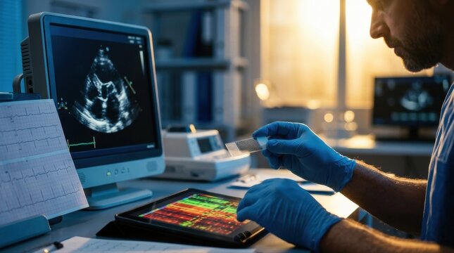 Clinical genetics workstation with a cardiologist's gloved hands reviewing a DNA microarray beside a heart ultrasound showing billowing mitral leaflets, ECG waveform strips, and a colored variant heat