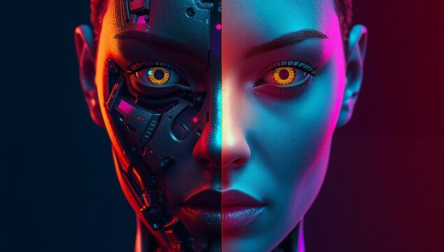 Futuristic half-human, half-cyborg face with glowing yellow eyes, showcasing intricate mechanical details on one side and smooth skin on the other in a vibrant neon setting