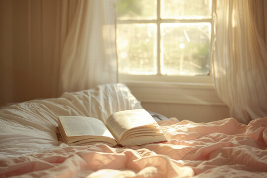 An open book lies on a white bed.
