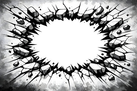 Comic book style cracked wall frame with exploding concrete debris