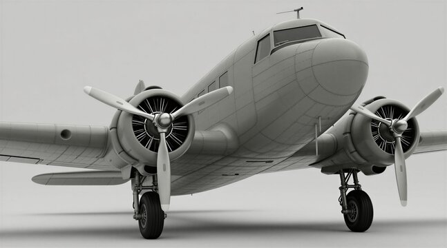 Monochrome front view of vintage twin engine airplane with propellers extended. Classic aircraft features detailed fuselage, visible landing gear. Retro design evokes aviation history, transport.