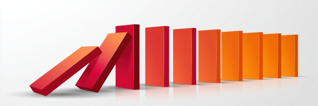 A chain reaction happens as the first domino block falls and topples the next in a series of red and orange blocks against a white backdrop