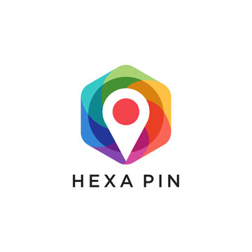 Colorful hexagonal map pin location logo design.