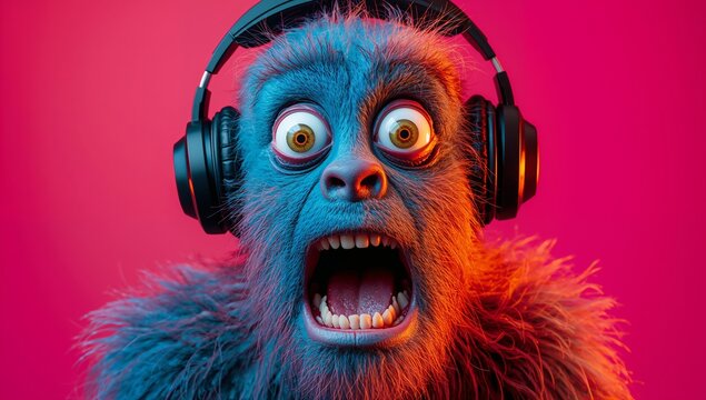 Cartoon monkey character with vibrant blue fur and large headphones, expressing surprise against a colorful pink and purple gradient background