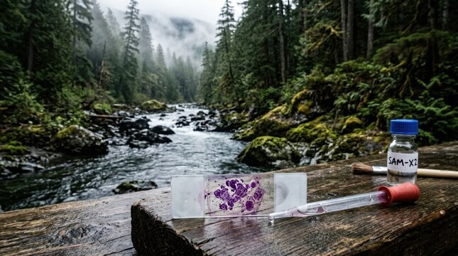 A microscope slide with a stained parasitic organism, irregular cell clusters, and a pipette on a laboratory bench sits before a misty conifer forest, mossy rocks, and a cold river, linking pathology
