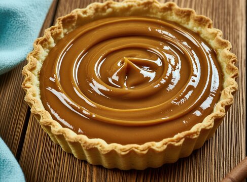 Close-up of a single caramel tart with a fluted crust on a wooden surface. The filling is smooth and glossy, swirled into a decorative pattern. A blue napkin is visible on the left side.
