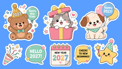 Fototapeta premium Whimsical New Year 2027 Celebration Sticker Set with Adorable Cartoon Animals, Festive Elements, and Cheerful Greetings, Perfect for Digital Designs