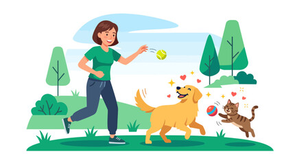 Fototapeta premium Flat vector illustration of a happy woman playing with her dog and cat outdoors in a park setting, showing active care and joyful bonding between human and pets in nature.