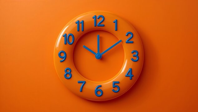 Round wall clock with blue numbers and hands on an orange background, displaying time at 10:10, suitable for home decor or educational purposes