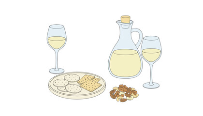 Obraz premium White wine service with a elegant glass carafe, two wine glasses, a platter of crackers, and a selection of assorted nuts for a relaxing evening.