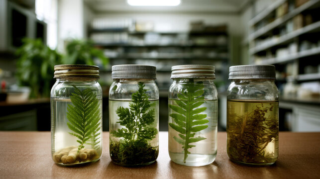 Botanical specimens preserved in glass jars on a laboratory bench for biology research, plant taxonomy and scientific education in a modern laboratory