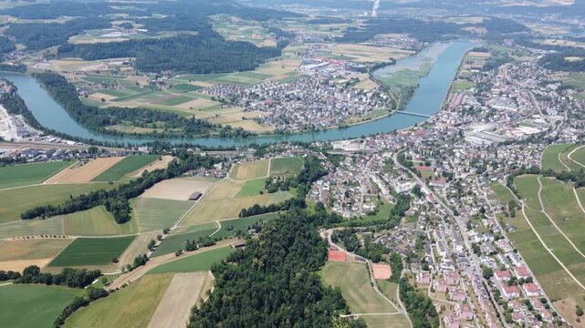 Drone Forward Over Dottingen And Aare River In Switzerland