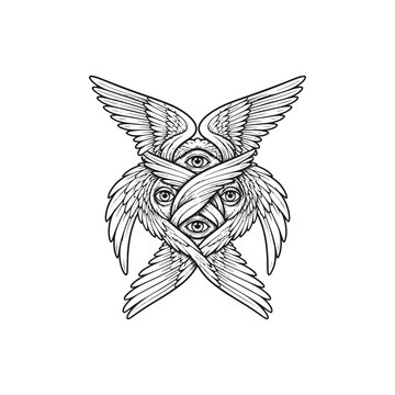 Vector Illustration of seraphim angel line art. Ideal for tattoo, spirituality, religion, fantasy, and occult theme