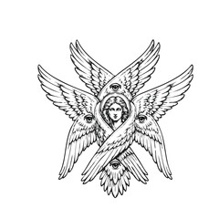 Obraz premium Vector Illustration of seraphim angel black and white sketch art. Ideal for tattoo, spirituality, religion, fantasy, and occult theme