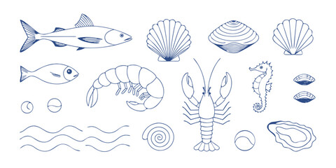 Collection of delicious seafood and marine life in outline style © Sadhin07