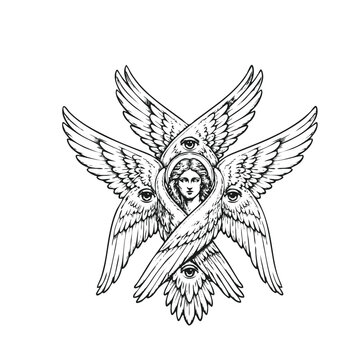 Vector Illustration of seraphim angel black and white sketch art. Ideal for tattoo, spirituality, religion, fantasy, and occult theme