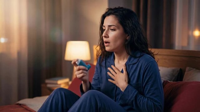 Woman sitting on bed using inhaler for asthma relief at night. Bedroom scene with lamp light. Respiratory health treatment and breathing support concept