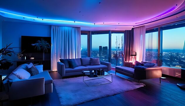 Modern bed Room Interior with neon vibe 
