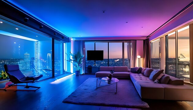 Modern bed Room Interior with neon vibe 
