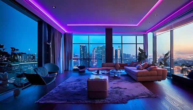 Modern bed Room Interior with neon vibe 
