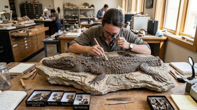 A paleontologist brushes sediment from a fossilized limb bone in a field jacket, with layered sandstone strata, a tray of trace fossils, and fern silhouettes against a prehistoric swamp landscape in