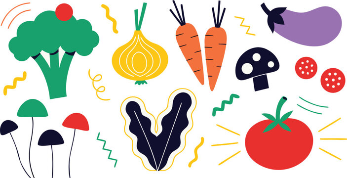 Retro abstract vegetables collection vector flat illustration