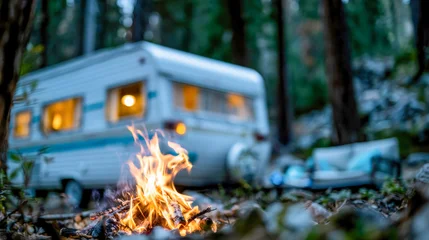 Vintage caravan beside a glowing campfire in a quiet mountain forest, creating a cozy outdoor camping and road trip atmosphere © Aliaksandra