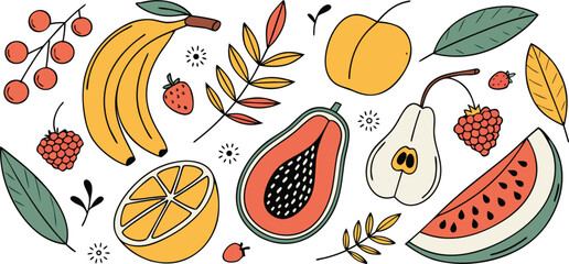 Stylized fruit and botanical illustration set with bananas orange papaya and raspberry elements © Sadhin07
