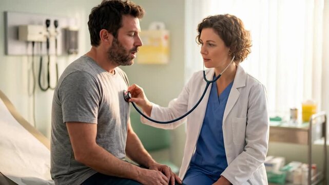 Woman doctor listening to man patients heart with stethoscope in medical clinic. Healthcare diagnosis and patient care concept in primary medicine