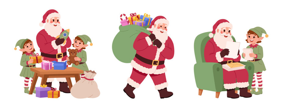 Christmas Santa Claus and Elf Characters Collection with Holiday Activities Isolated on White Background. Flat Vector Illustration.