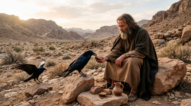 Elijah the prophet being fed by ravens in the wilderness. Biblical scene of divine provision in a rocky desert landscape