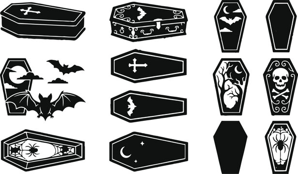 Halloween coffin icons with bats and spiders