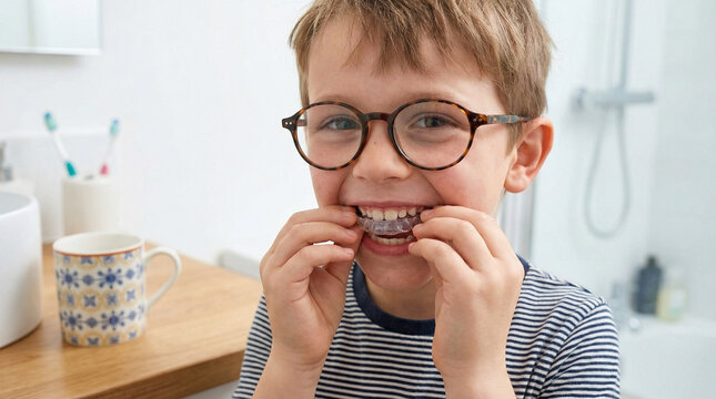 Young boy with glasses smiling while putting on clear dental aligners
